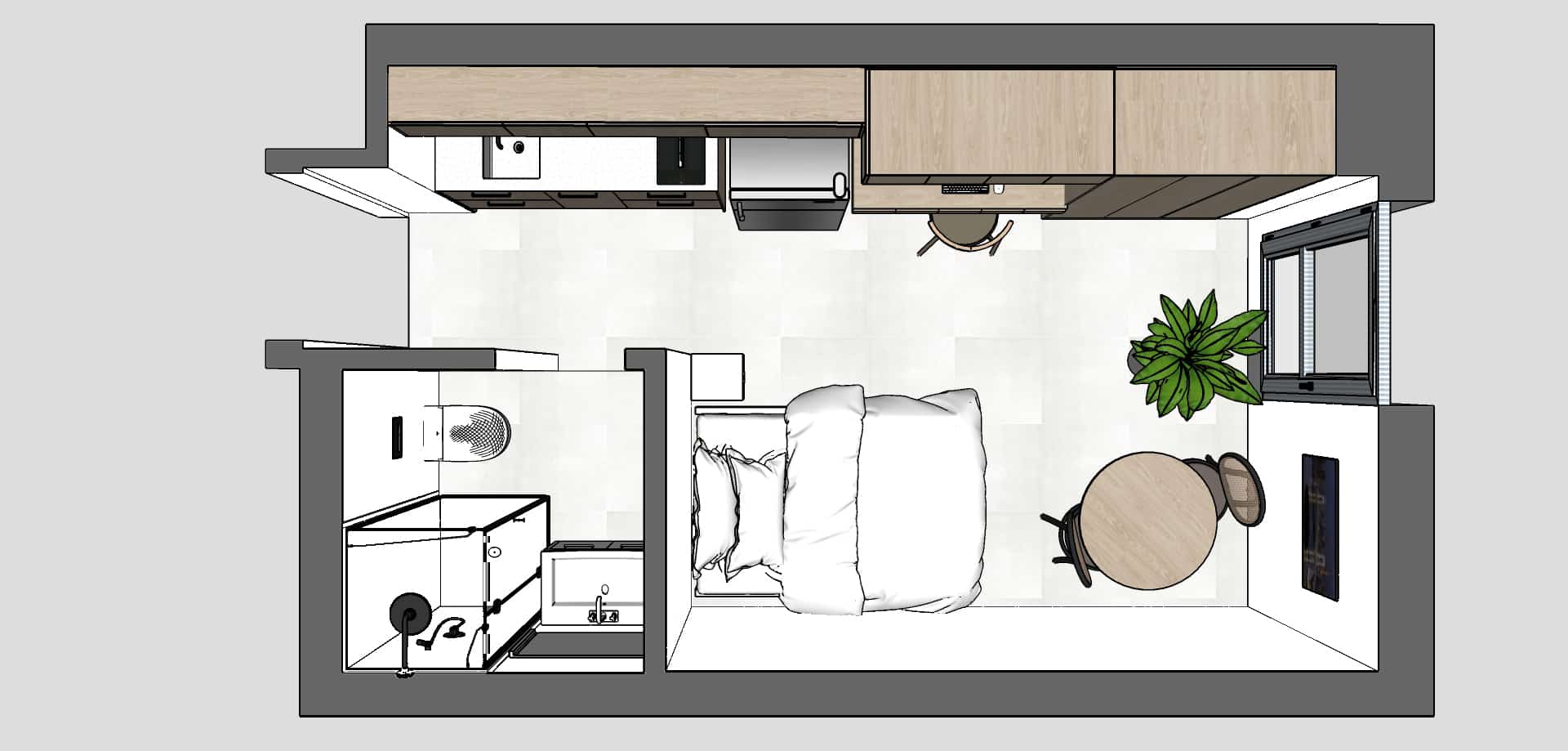 שרטוט של יחידת דיור קטנה הכוללת מטבח מצויד, מיטה זוגית, שולחן עגול עם כיסאות וחדר אמבטיה עם מקלחון ושירותים.