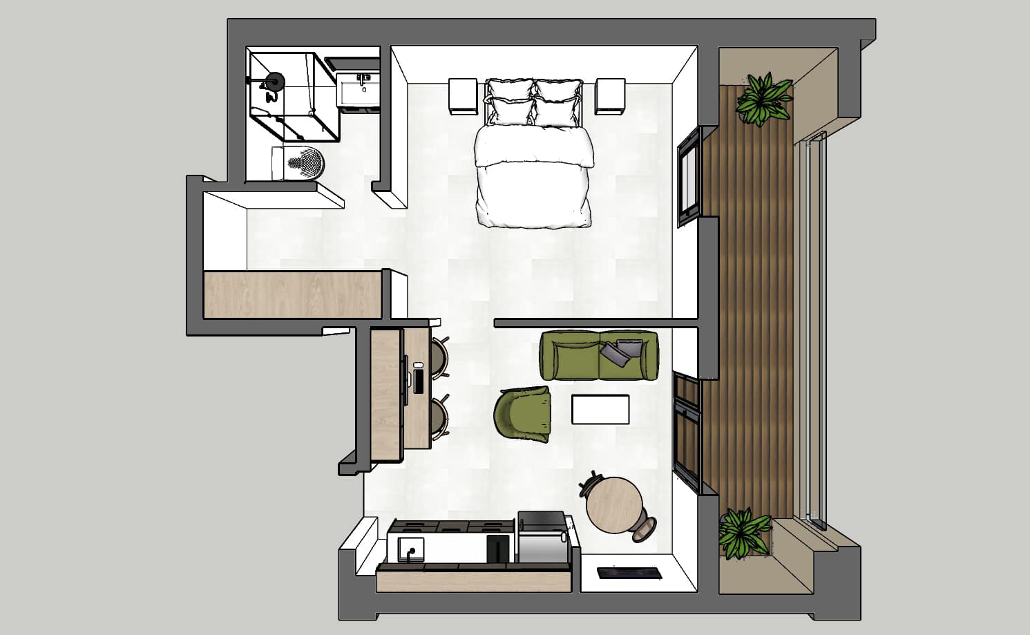 שרטוט של דירה עם חדר שינה, סלון, מטבח, אמבטיה ומרפסת קטנה עם צמחים.