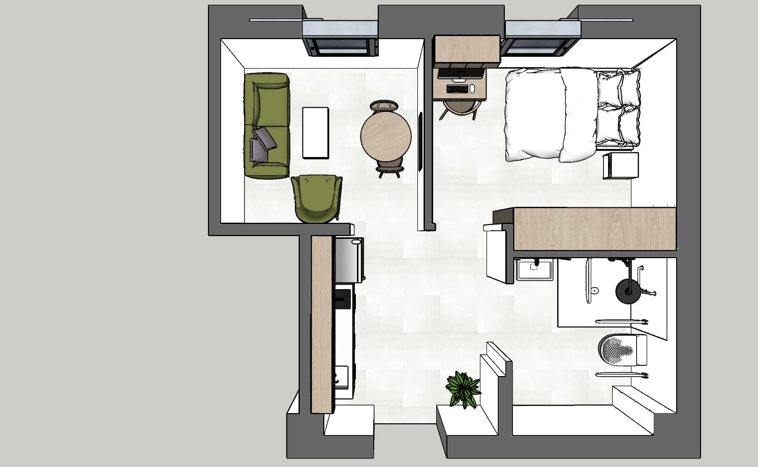 תוכנית דירה קטנה עם חדר שינה, סלון, מטבח וחדר רחצה. בסלון יש ספה ירוקה, כורסה ושולחן קפה עגול. בחדר השינה מיטה ושולחן עבודה צמוד לחלון. המטבח כולל משטחי עבודה ותנור. חדר הרחצה עם כיור, שירותים ומקלחת. ישנה גם עציץ בפינה.