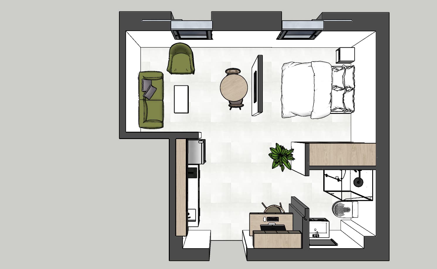 תרשים עיצוב דירה קטנה עם סלון הכולל ספה ירוקה, כורסא, שולחן עגול ומסך טלוויזיה. החדר מציע גם מיטה זוגית, מטבח עם משטח ומכשירי חשמל וחדר רחצה עם מקלחון. יש גם פינת עבודה עם מחשב ועציץ.