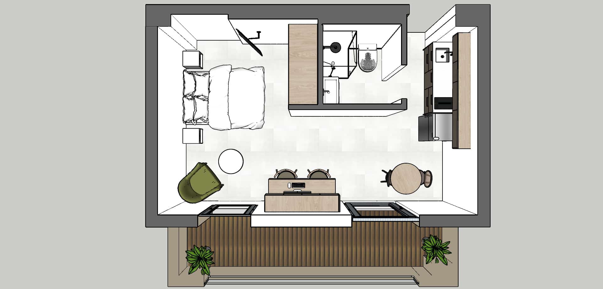 תכנית עיצוב של חדר הכוללת מיטה זוגית, כורסה ירוקה, שולחן עגול קטן, מטבח עם כיור ותנור מצד ימין וחדר אמבטיה עם כיור ושירותים מצד שמאל למעלה. בחזית יש מרפסת עם דק ועציצים בשני הצדדים.