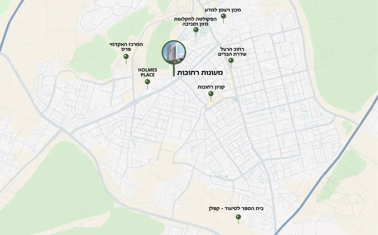 מפה של רחובות עם סימונים של מיקומים מרכזיים, כולל קניון רחובות, רחוב הרצל, המכון ויצמן למדע, מרכז הולמס פלייס, רחוב שדרות הברון ובית הספר תיכון קפלן.