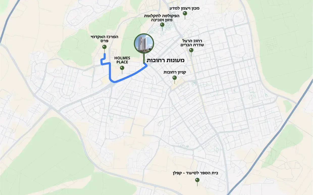 מפה של אזור ברחובות, ישראל, המציגה מסלול מסומן בכחול בין מספר נקודות, כולל קניון רחובות ומקומות נוספים כמו מכון ויצמן ומשען רחובות.