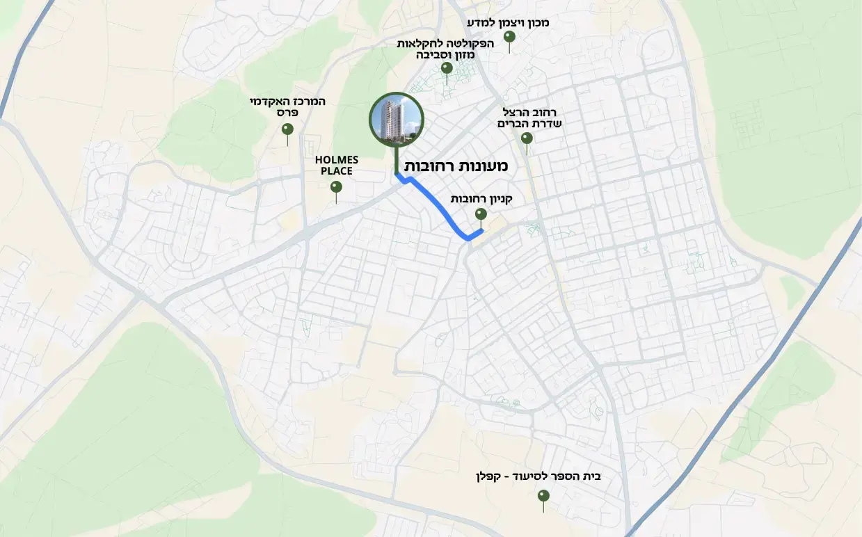 מפה של אזור במרכז הארץ המציגה את המסלול ממיקום המסומן לטקסט "מעונות רחובות" ועד לפינה השמאלית העליונה. המפה כוללת נקודות ציון מרכזיות כמו "קניון רחובות" ו"בית הספר לסיעוד - קפלן".