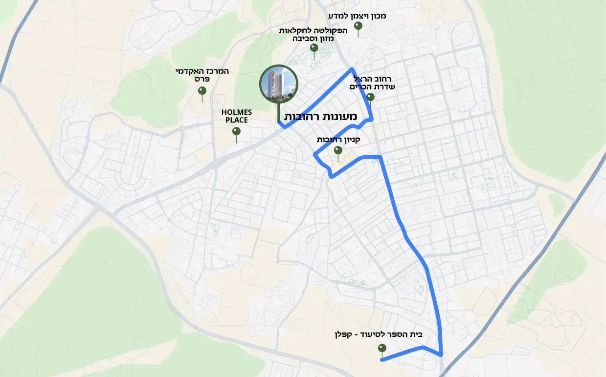 מפה של רחובות עם מסלול מסומן בכחול, המסומן כמועצת רחובות, הכוללת נקודות ציון כמו קניון רחובות ובית הספר לסיעוד - קפלן.