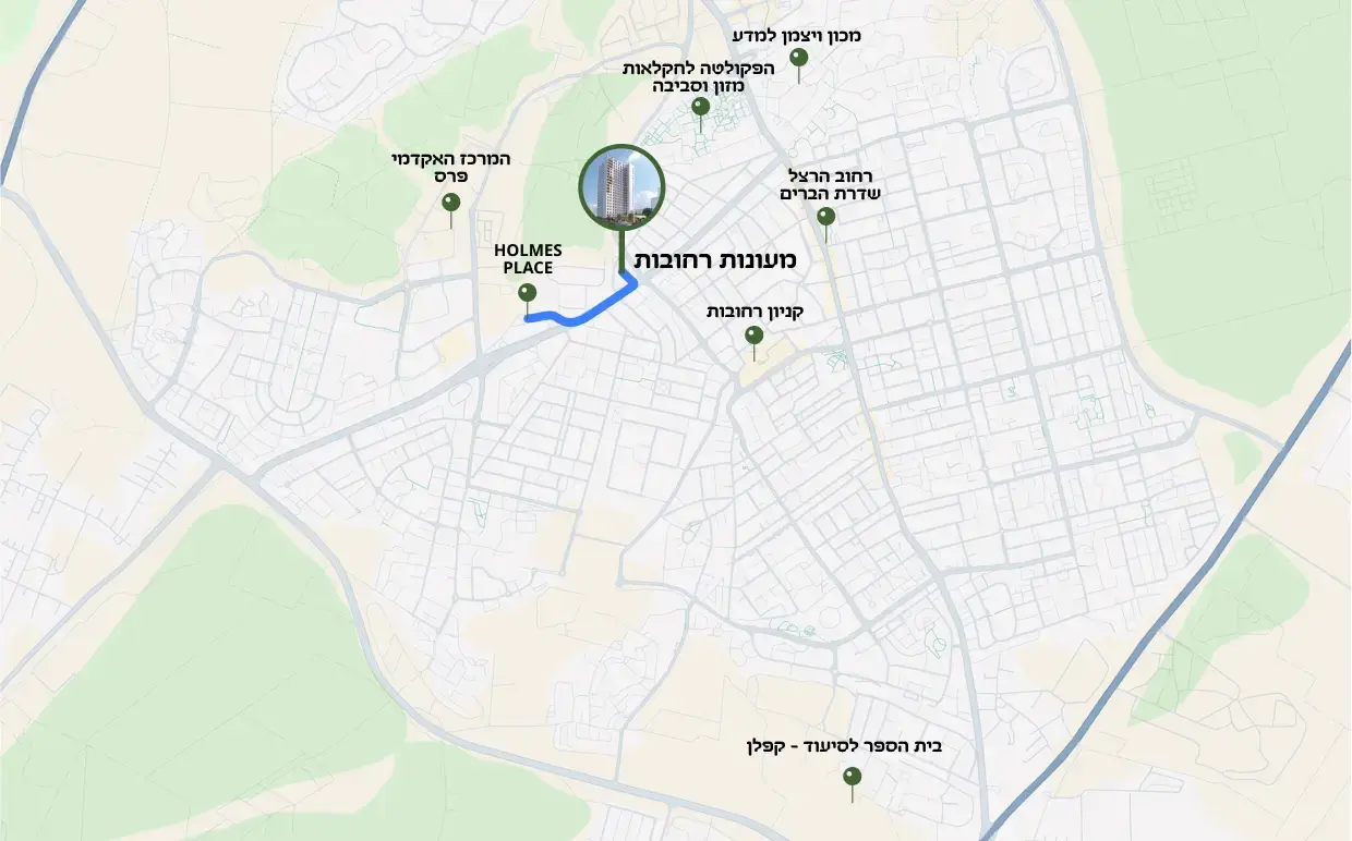מפה של רחובות וסביבתה עם סימונים של מקומות שונים כמו "HOLMES PLACE" ומרכזי תרבות וחינוך נוספים, עם נתיב מסומן בכחול בין שני מיקומים.