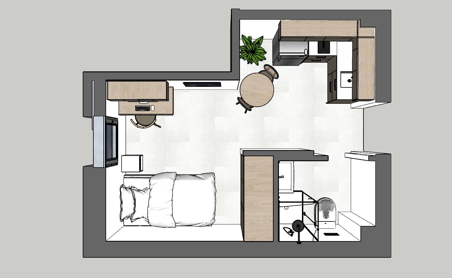 תוכנית דירה קטנה הכוללת מיטה, אזור עבודה עם שולחן ומחשב, פינת אוכל עגולה עם שני כיסאות, מטבח עם מקרר וכיור, וחדר רחצה עם מקלחת ושירותים. צמח ירוק מוצב ליד פינת האוכל.