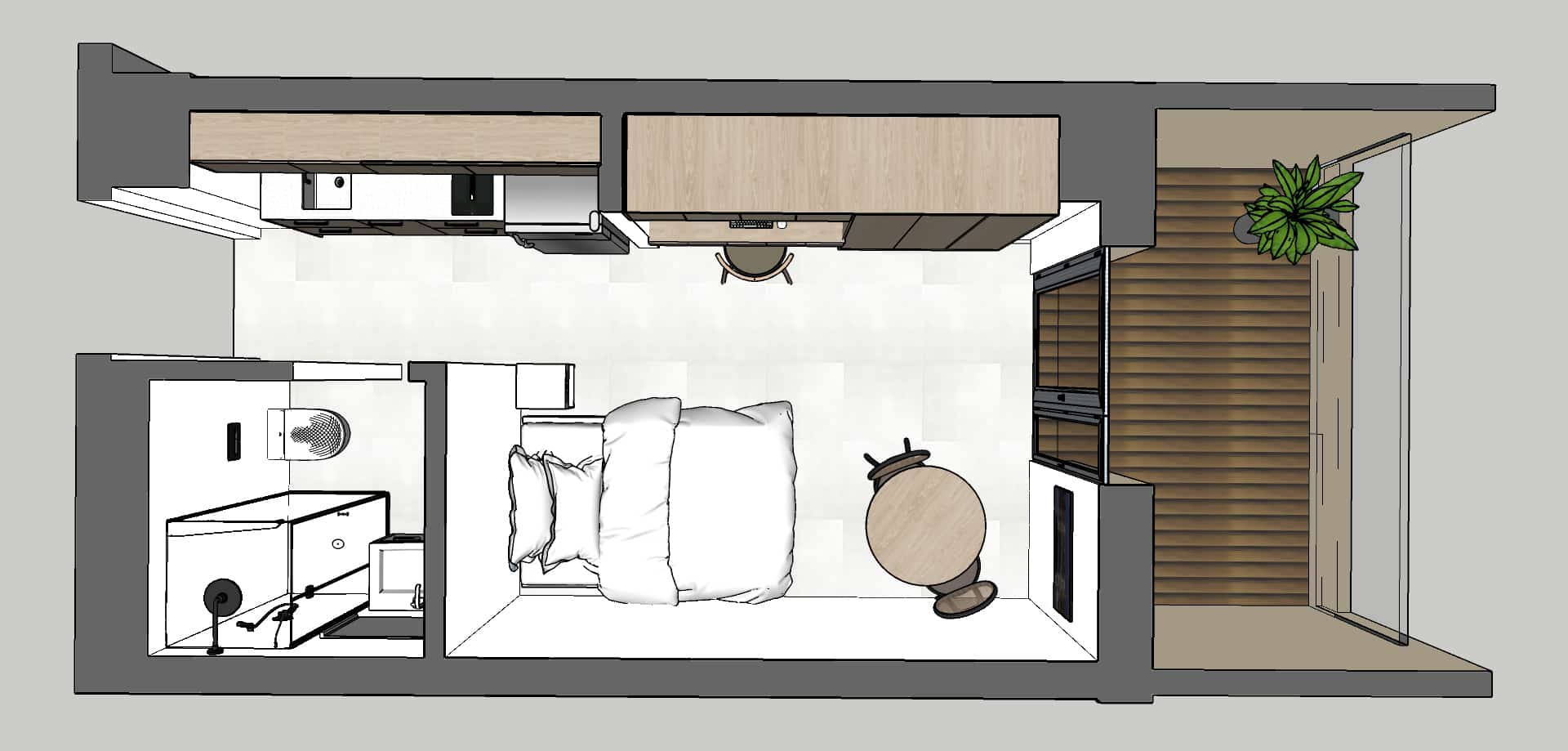 תוכנית אדריכלית עליונה של דירה קטנה הכוללת חדר שינה עם מיטה זוגית, אזור מטבח קטן עם שולחן וכיסא, חדר רחצה עם שירותים ומקלחת, ומרפסת עם צמחיה.